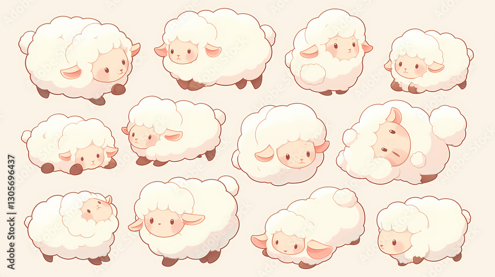Cute cartoon sheep in various poses, showcasing playful expressions against a soft pastel background Cute cartoon sheep in various poses, showcasing playful expressions against a soft pastel background