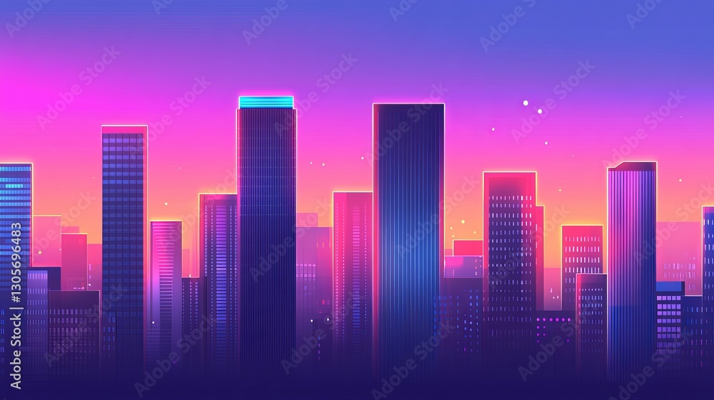 Vibrant city skyline at sunset with colorful light and a gradient sky, showcasing urban life Vibrant city skyline at sunset with colorful light and a gradient sky, showcasing urban life