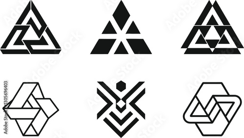 Geometric Minimalist Logos - Black and White Abstract Triangular Designs with Symmetrical Patterns