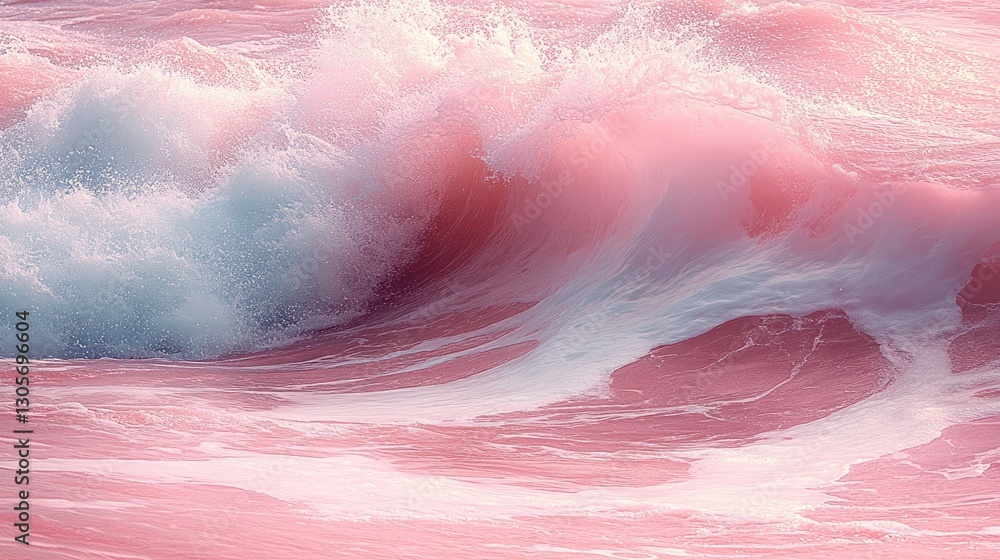 Fototapeta premium Pink ocean wave crashing, coastal sunrise, seafoam, peaceful background, nature imagery
