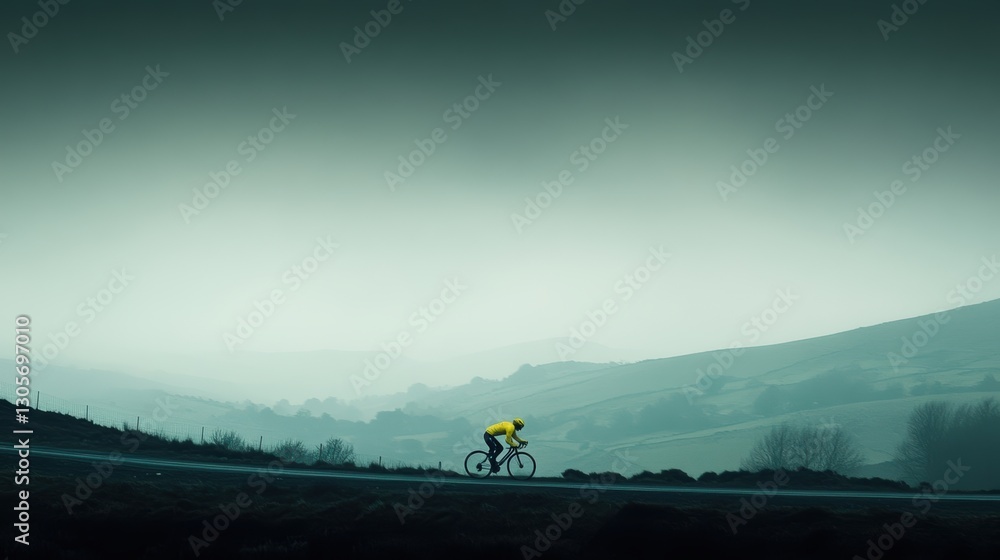 Fototapeta premium A person cycles on a road while holding a yellow umbrella.