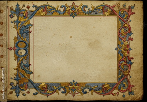 Ornate vintage manuscript border with intricate floral design elements in red, blue, and gold