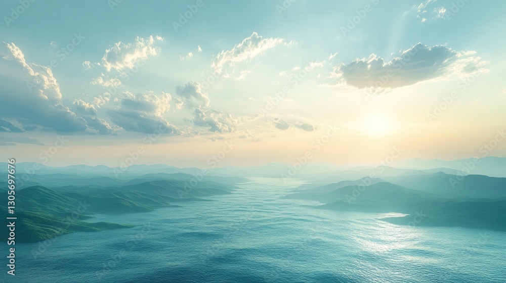 Obraz premium Aerial view of tranquil ocean valley at sunset. Scenic landscape. Use Stock photo