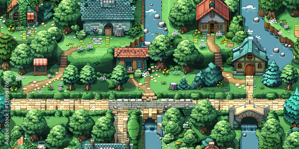 Fototapeta premium Charming village in pixel art style with houses, rivers, and bridges surrounded by nature. Generated with AI.