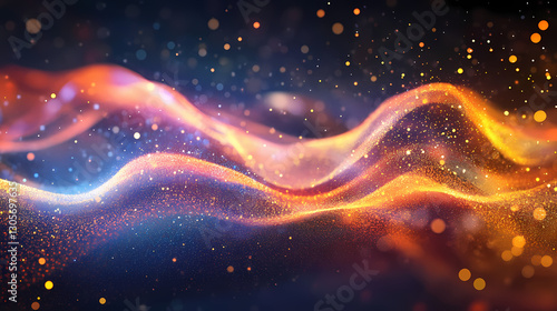 Softly glowing luminescent particles oscillate in an abstract wave of light and color, luminous oscillation, shimmering aura. Luminescent - Ocean. Illustration