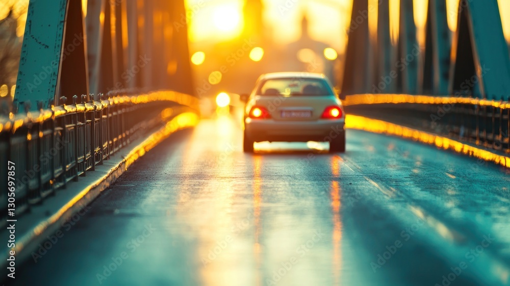 Fototapeta premium Car driving across bridge at sunset.