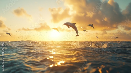 Dolphins leaping at sunset over ocean waves.