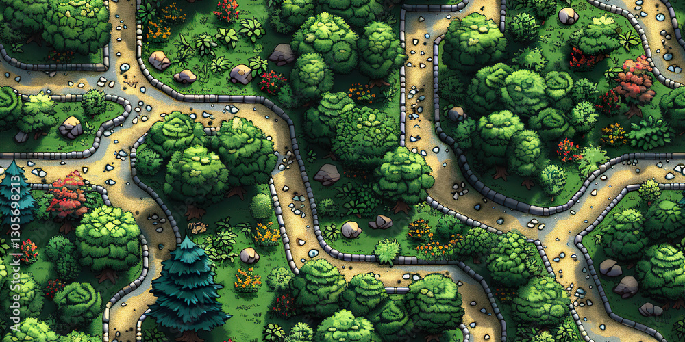 Naklejka premium Winding stone path surrounded by trees and vegetation in a pixel art forest. Generated with AI.