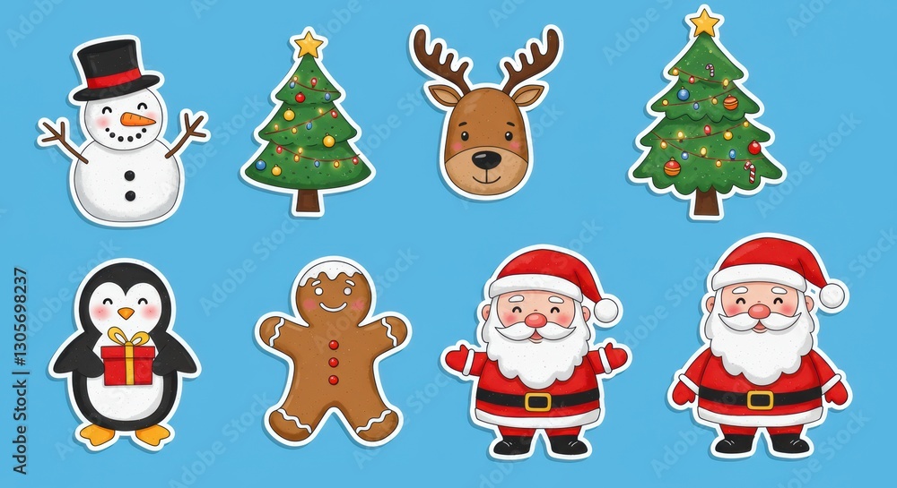 Festive holiday characters: santa, snowman, and christmas tree on blue background with cute designs Festive holiday characters: santa, snowman, and christmas tree on blue background with cute designs