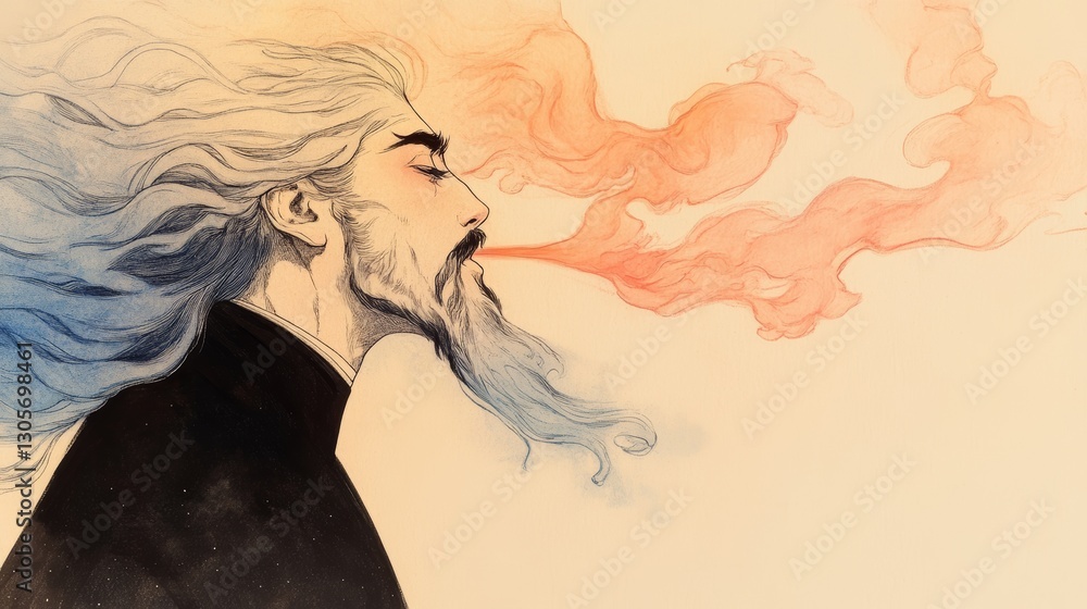 A mystical man with long flowing hair exhales a wisp of smoke, creating an ethereal and captivating scene. A mystical man with long flowing hair exhales a wisp of smoke, creating an ethereal and captivating scene.