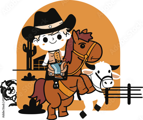 a little boy riding a horse chasing a cow