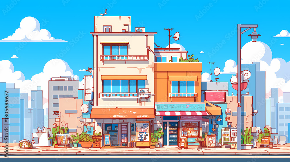 Fototapeta premium Vibrant urban street scene showcasing colorful buildings, shops, and greenery under a clear blue sky