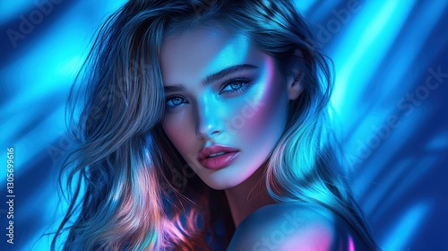 A close-up portrait of a woman with long hair against a solid blue background.