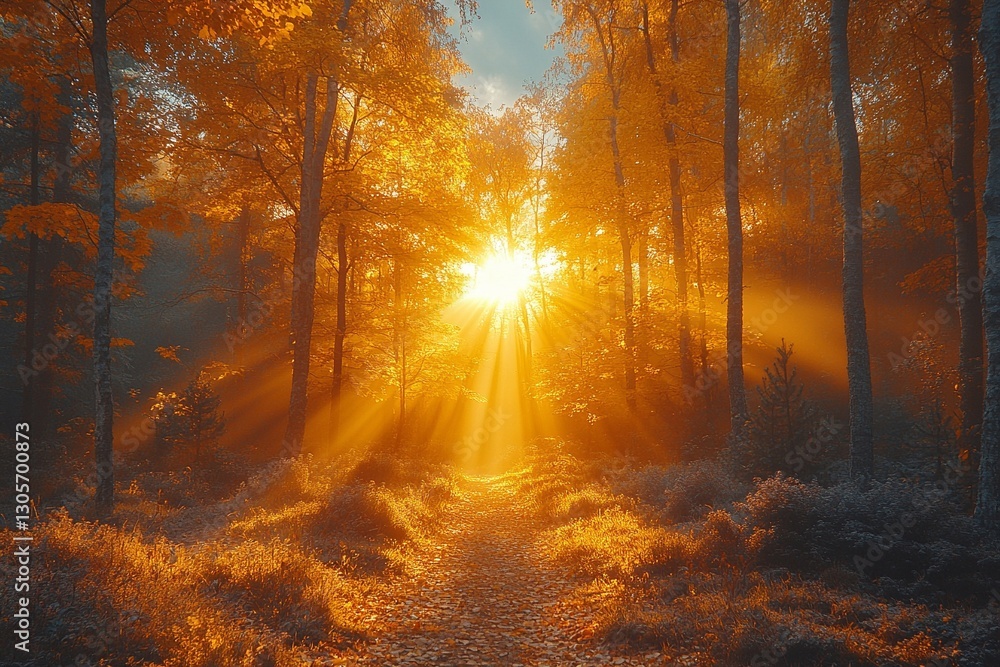 Obraz premium Golden sunlight breaking through forest trees illuminates a tranquil autumn pathway
