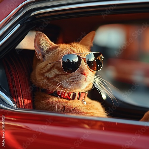 Cool Orange Cat Wearing Sunglasses in a Red Car