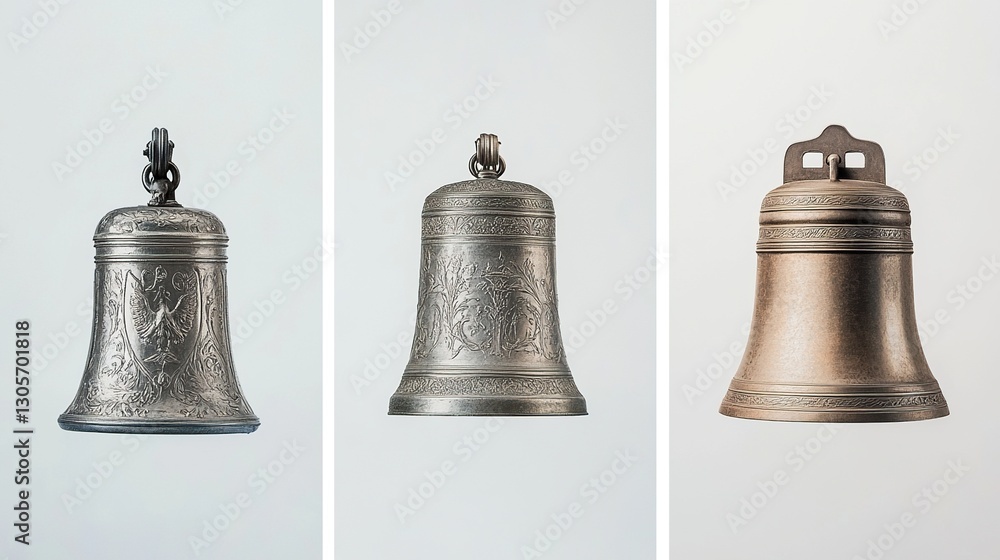 Three antique bells; silver, pewter, bronze. Three antique bells; silver, pewter, bronze.