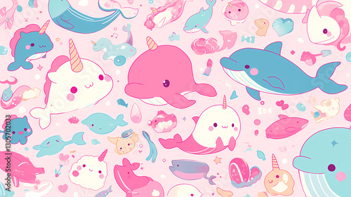 Cute cartoon marine animals including whales, dolphins, and narwhals on a pastel pink background