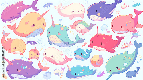 Colorful cartoon narwhals and whales swimming playfully in a whimsical underwater scene