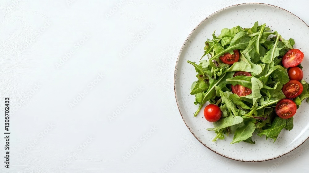 Fresh Green Salad with Cherry Tomatoes on a White Plate Fresh Green Salad with Cherry Tomatoes on a White Plate