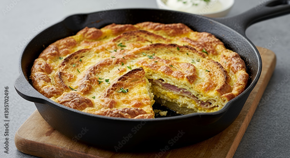 Savory Breakfast Casserole in Cast Iron Pan Slice High Angle View Food Photography Savory Breakfast Casserole in Cast Iron Pan Slice High Angle View Food Photography