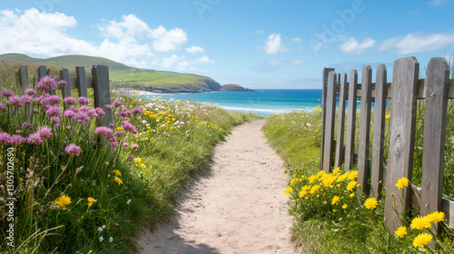Sandy path leading to a beautiful beach bordered by colorful wildflowers and a wooden fence in a sunny summer day