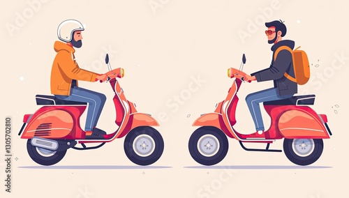 A pair of buddies cruise along on stylish vintage scooters, riding abreast