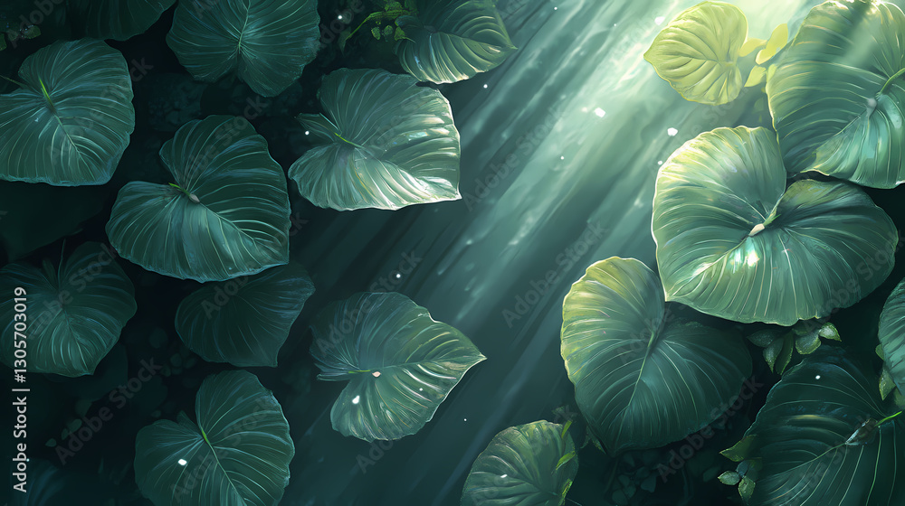 Leafy greens illuminated by soft ethereal light, botanical, serene, luminescent. Luminescent - Ocean. Illustration