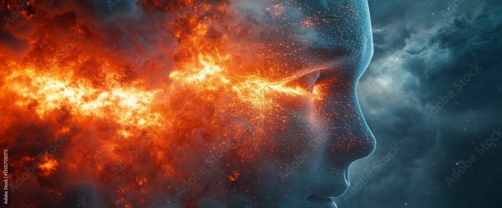 Digital human with fiery essence, representing advanced ai and energy Digital human with fiery essence, representing advanced ai and energy