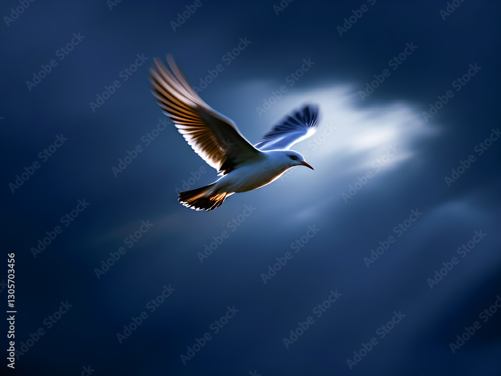 Obraz premium Majestic Seagull Soaring Through a Dramatic Twilight Sky