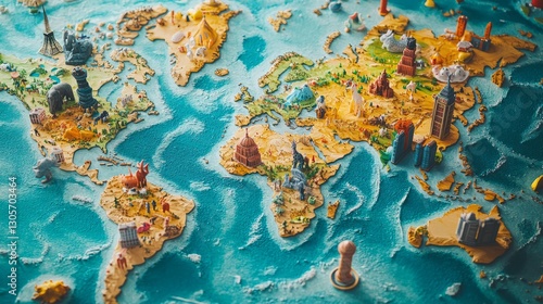 Childrenâ€™s world map with animals and landmarks, bright playful colors, soft diffused light, and educational cheerful atmosphere, eye-level shot.