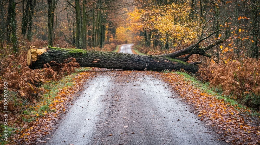 Obraz premium Fallen tree blocking autumnal forest road.