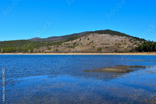 View of hill covered in meadow and forest above Petelinjsko jezero lake in Notranjska, Slovenia photo