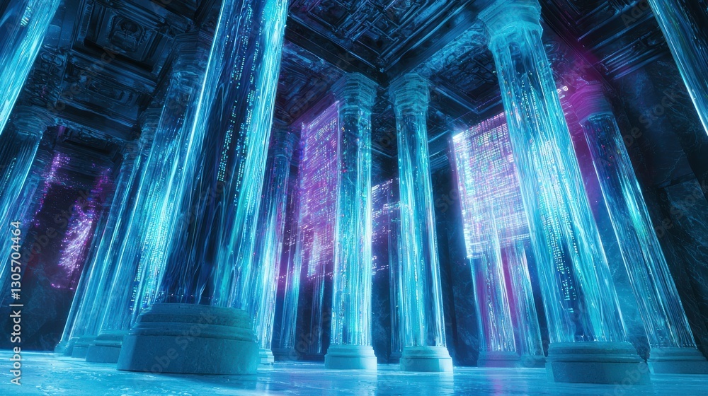 Futuristic temple with glowing cyan columns and data streams. Futuristic temple with glowing cyan columns and data streams.