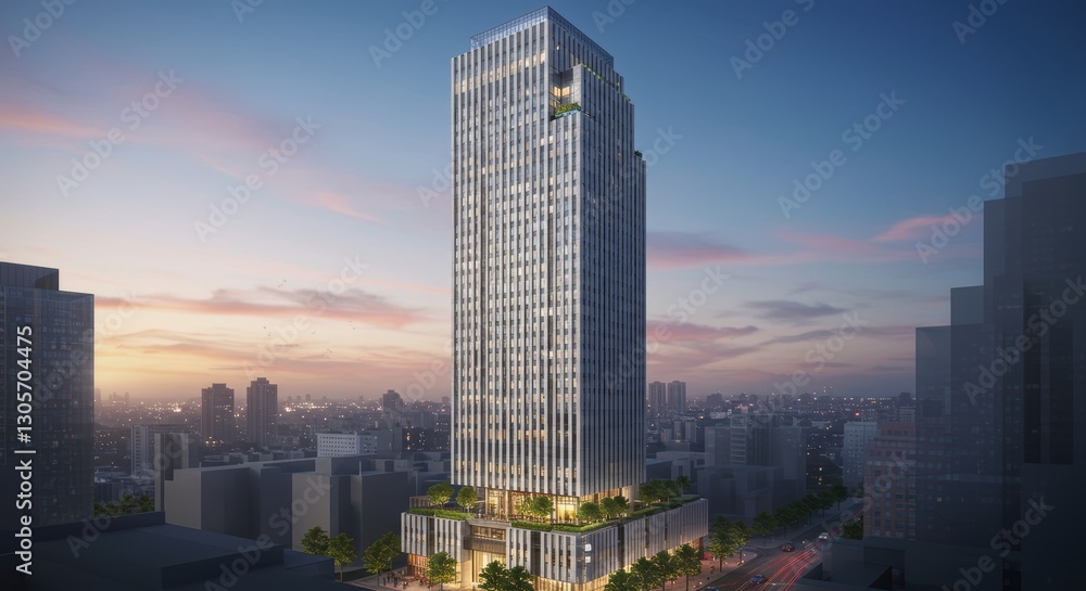 Obraz premium Modern skyscraper at sunset in urban cityscape with tall glass building