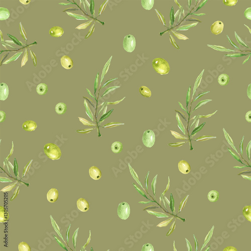Seamless pattern of olives and olive tree stalks