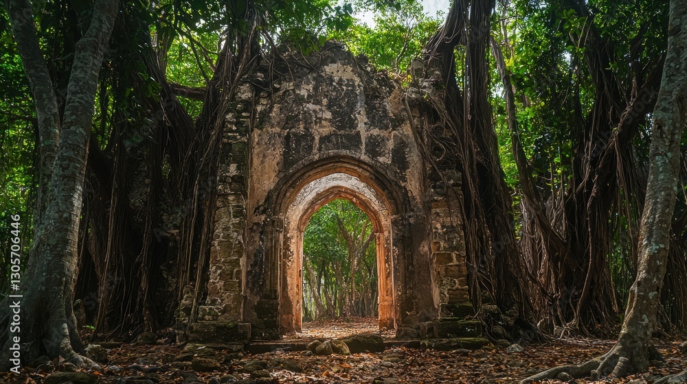 Fototapeta premium Ancient stone archway overgrown by jungle trees.