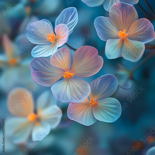Pastel flowers bloom, soft focus, blue background