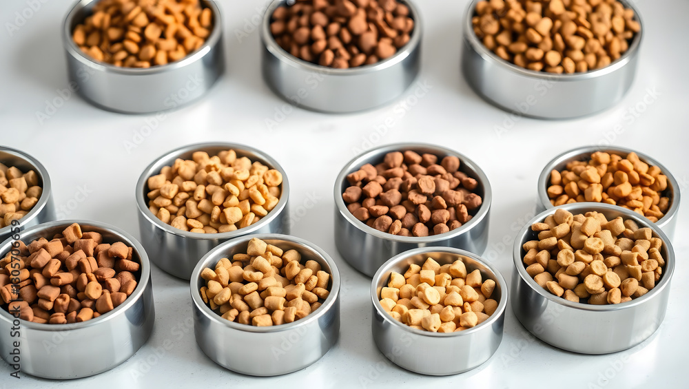various bowls containing colorful pet food, arranged neatly. This image showcases different flavors, textures, and types of pet food. various bowls containing colorful pet food, arranged neatly. This image showcases different flavors, textures, and types of pet food.