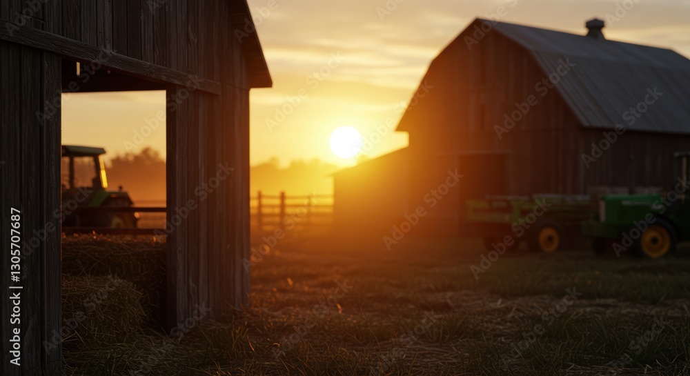 Tranquil sunrise on rustic farm: barns, tractors, and morning light Tranquil sunrise on rustic farm: barns, tractors, and morning light