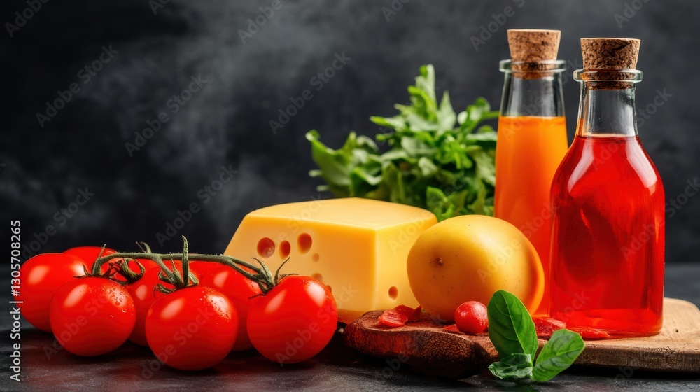 Fresh tomatoes, cheese, and olive oil arranged on a wooden cutting board. Fresh tomatoes, cheese, and olive oil arranged on a wooden cutting board.