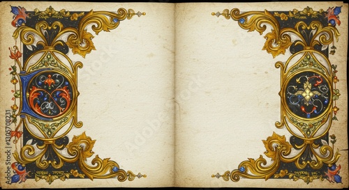 Vintage ornate manuscript with intricate gold and floral borders on aged paper