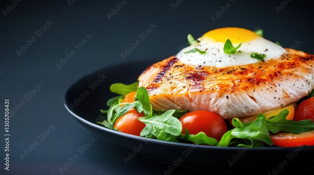 A plate features meat, tomatoes, and a fried egg, showcasing a delicious meal. A plate features meat, tomatoes, and a fried egg, showcasing a delicious meal.
