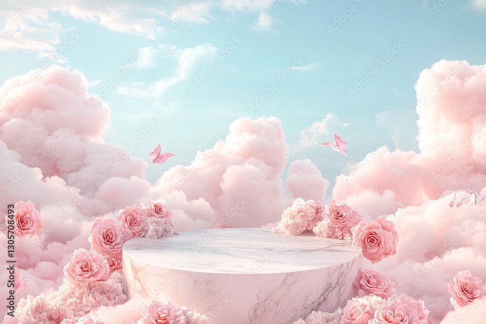 A scenic view of a pink cloud containing pink flowers amidst more pink clouds A scenic view of a pink cloud containing pink flowers amidst more pink clouds