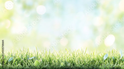 Verdant grass blanketing sunlit landscape, soft-focus meadow highlighting vibrant spring greenery under warm daylight