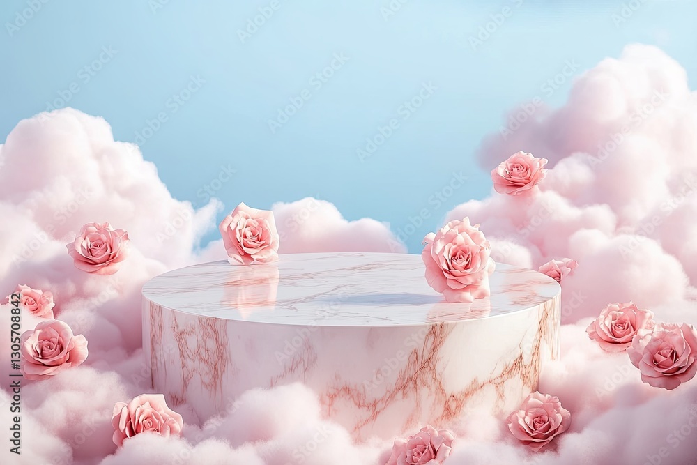 A pink cloud adorned with pink flowers and surrounded by additional pink clouds A pink cloud adorned with pink flowers and surrounded by additional pink clouds