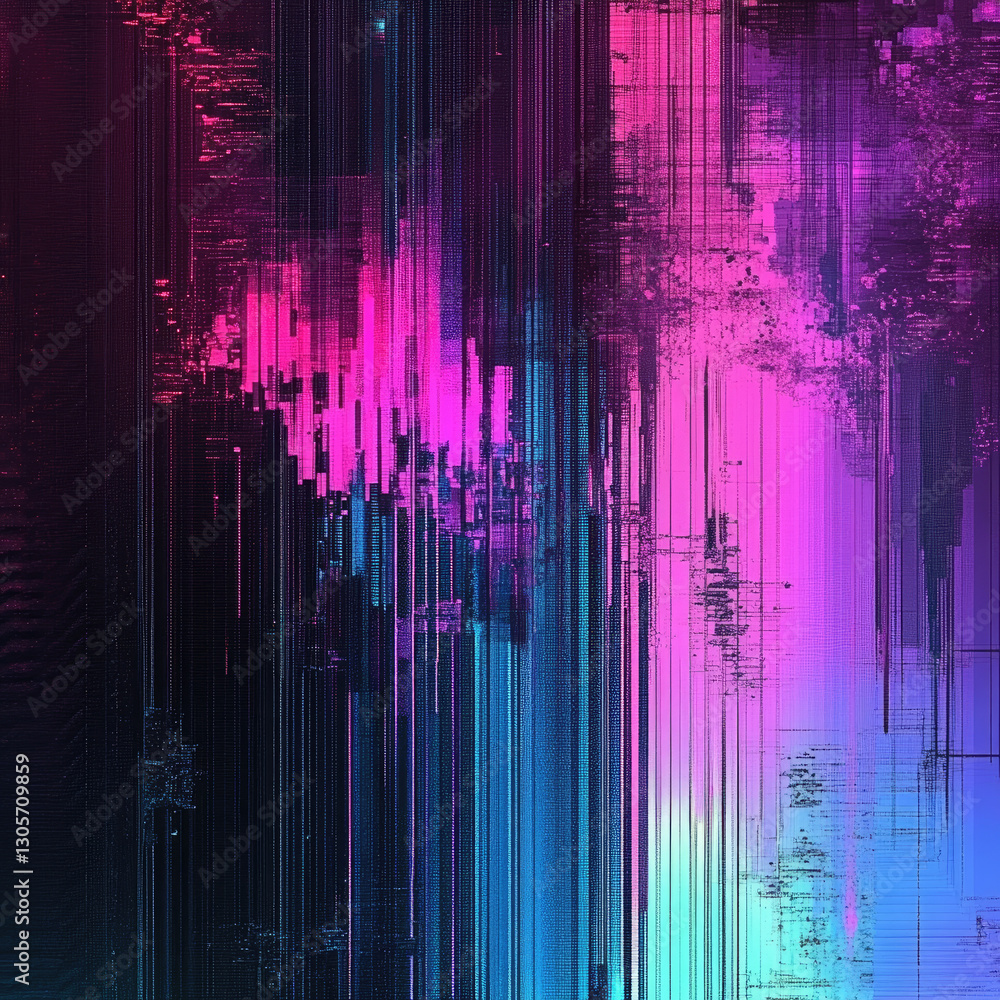 Abstract Glitching vibrant colors stream down from top against dark digital noise Abstract Glitching vibrant colors stream down from top against dark digital noise