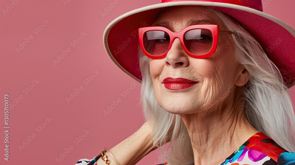 Fototapeta premium A joyful older woman adorned with a summer beach hat and sunglasses captures the essence of summer vacation, reflecting the idea of vacation and beach holiday for active pensioners