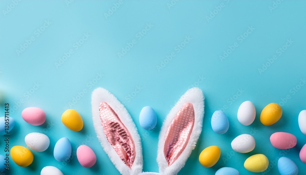 Generated image of Easter party concept. Top view photo of easter bunny ears white pink blue and yellow eggs on isolated pastel blue background with copyspace in the middle Generated image of Easter party concept. Top view photo of easter bunny ears white pink blue and yellow eggs on isolated pastel blue background with copyspace in the middle
