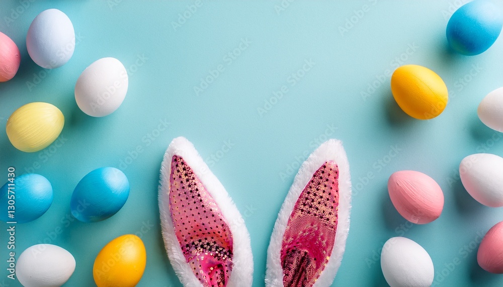 Generated image of Easter party concept. Top view photo of easter bunny ears white pink blue and yellow eggs on isolated pastel blue background with copyspace in the middle Generated image of Easter party concept. Top view photo of easter bunny ears white pink blue and yellow eggs on isolated pastel blue background with copyspace in the middle