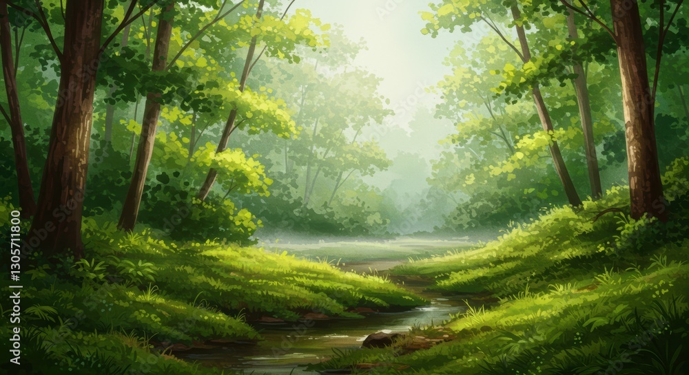 Obraz premium Tranquil sunlit forest stream with lush greenery and serene atmosphere